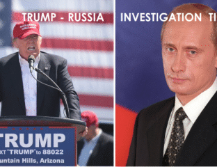 Donald Trump speaking at a rally with a 'Trump - Russia' banner.