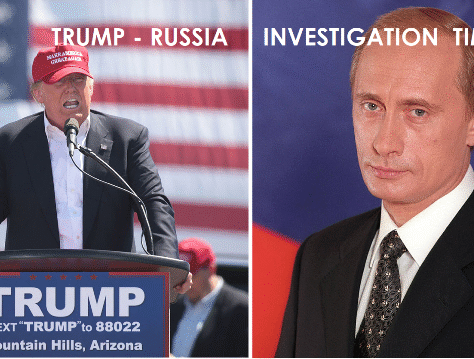 Donald Trump speaking at a rally with a 'Trump - Russia' banner.