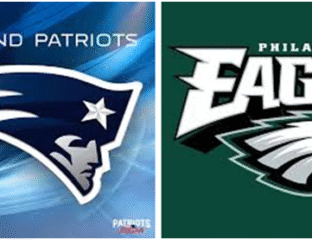 Logos of New England Patriots and Philadelphia Eagles NFL teams.