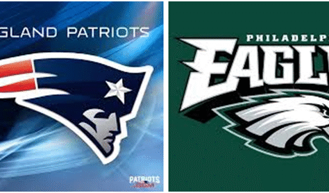 Logos of New England Patriots and Philadelphia Eagles NFL teams.