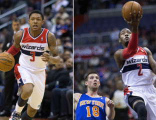 Two Washington Wizards players in action during basketball games.