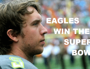 Close-up of a focused football player with 'EAGLES WIN THE SUPER BOWL' text overlay.