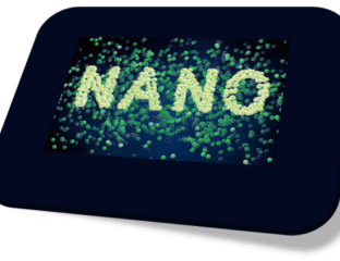 The word 'NANO' displayed with glowing green particles on a dark background.