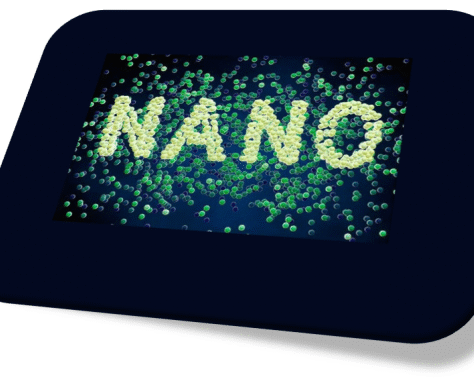 The word 'NANO' displayed with glowing green particles on a dark background.