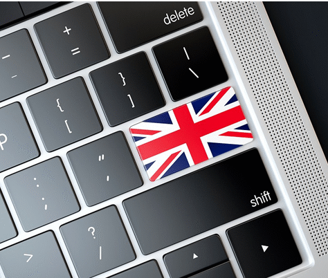 Keyboard with a Union Jack flag on the Enter key.