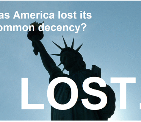 Statue of Liberty with a critical message about America's moral state.