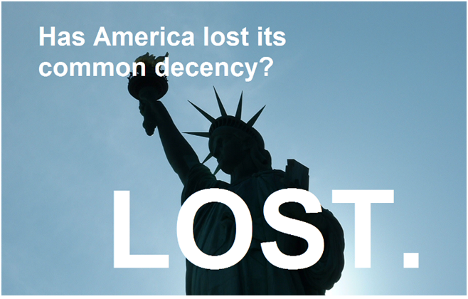 Statue of Liberty with a critical message about America's moral state.