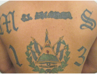 Tattoo of Guatemalan emblem with flags on skin.