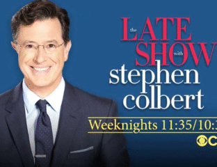 Stephen Colbert promoting The Late Show airing weeknights at 11:35 PM.