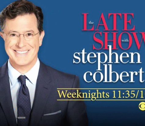 Stephen Colbert promoting The Late Show airing weeknights at 11:35 PM.