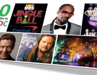 Promotional collage for 99.5 Jingle Ball event featuring Snoop Dogg and other artists.