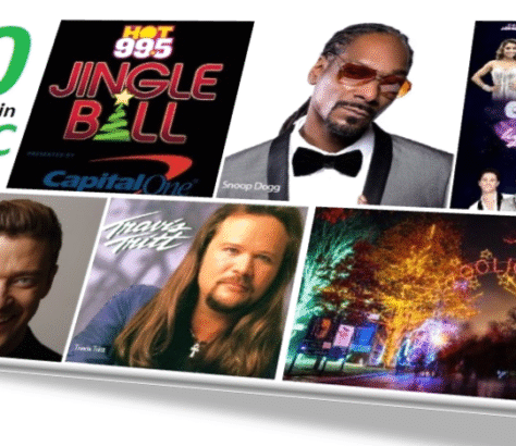 Promotional collage for 99.5 Jingle Ball event featuring Snoop Dogg and other artists.