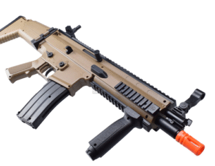 A tan and black toy assault rifle with an orange tip and magazine.