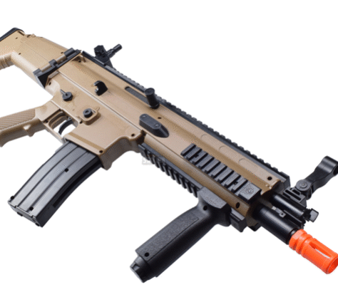 A tan and black toy assault rifle with an orange tip and magazine.