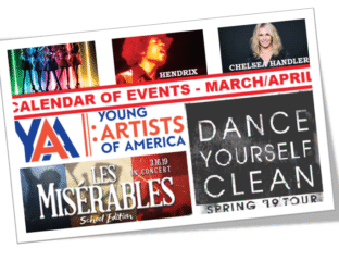 Collage of event posters including dance, theater, and art exhibitions.