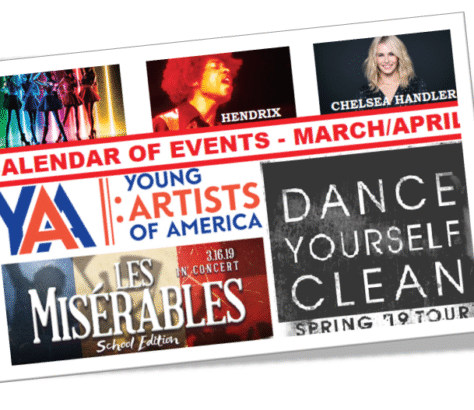 Collage of event posters including dance, theater, and art exhibitions.