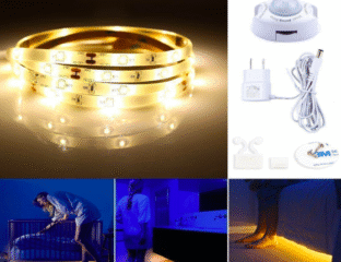 LED strip lights with motion sensor and installation kit for ambient lighting.