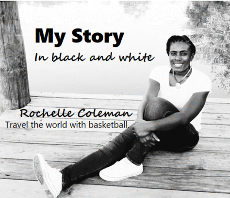 Black and white photo of a smiling woman sitting with basketball, titled 'My Story'.