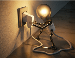 A lightbulb figure plugs itself into an outlet.