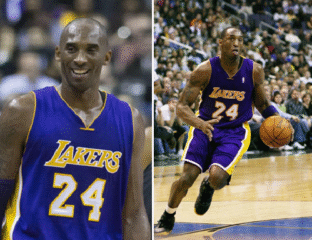 Kobe Bryant in Lakers jersey, smiling and playing basketball.
