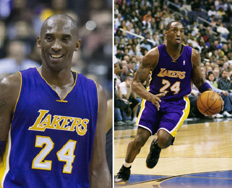 Kobe Bryant in Lakers jersey, smiling and playing basketball.