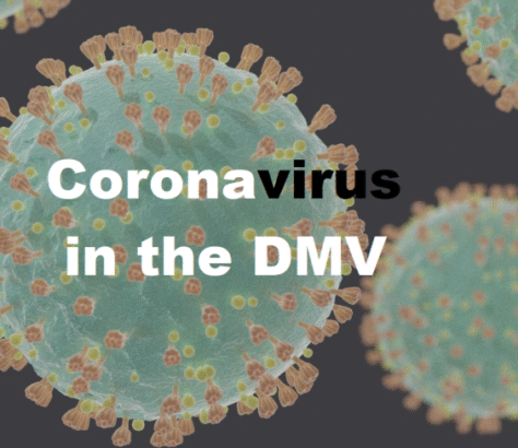 Close-up image of the coronavirus with text about its impact in the DMV area.