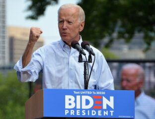 Joe Biden delivering a passionate speech at a campaign event.