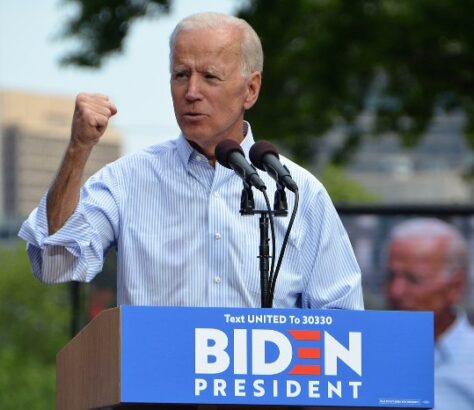 Joe Biden delivering a passionate speech at a campaign event.
