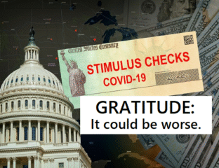 Graphic showing stimulus checks during COVID-19 with U.S. Capitol backdrop.