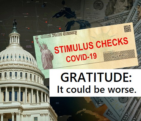 Graphic showing stimulus checks during COVID-19 with U.S. Capitol backdrop.