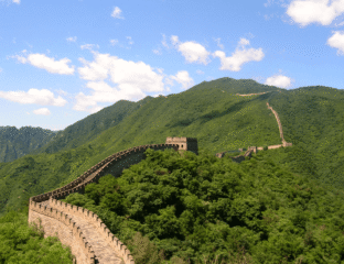 The Great Wall of China stretches across lush green mountains under a bright blue sky.