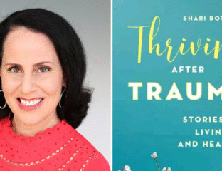 Smiling woman next to a book titled 'Thriving After Trauma'.