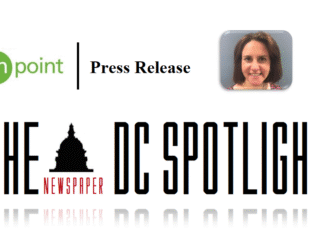 Logo collage for DC Spotlight press release featuring Capitol, newspaper, and headshot.