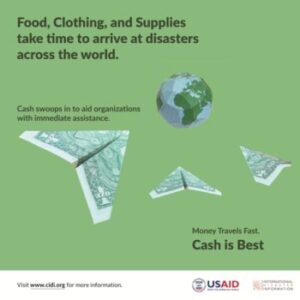 Illustration showing cash and supplies flying globally during disasters.