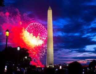 Fireworks light up the night sky near the Washington Monument.