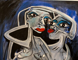 Abstract painting of two faces intertwined with expressive eyes and bold colors.