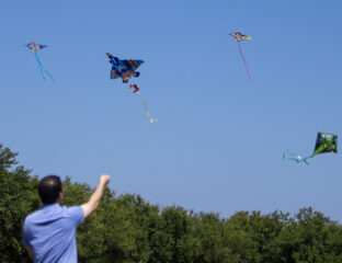 A man flying colorful kites on a clear day near trees.
