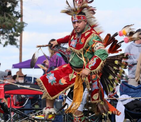 A dancer in colorful traditional attire performing at a cultural event.