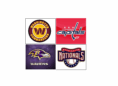 Four logos of Washington sports teams: Commanders, Capitals, Ravens, and Nationals.