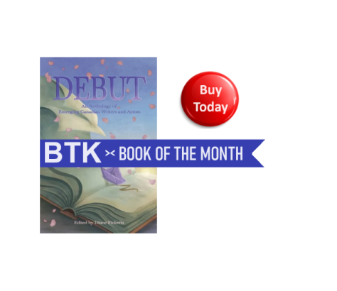 Promotional image for a book titled 'Debut' with a 'Buy Today' button and 'Book of the Month' banner.