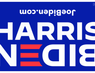 A reversed blue and white campaign sign for Biden Harris with red stripes.