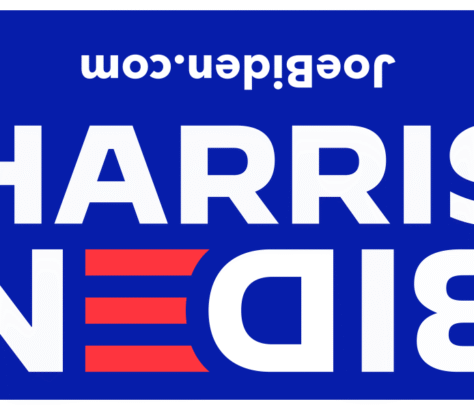 A reversed blue and white campaign sign for Biden Harris with red stripes.