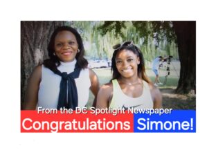 Two women smiling outdoors with a congratulatory message for Simone.