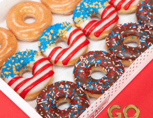 Colorful donut box with patriotic red, white, and blue decorations.
