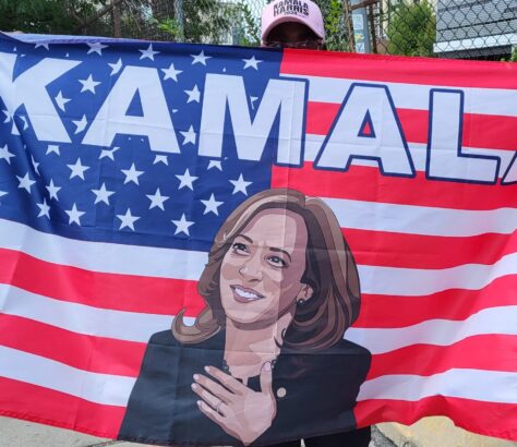 A Kamala Harris flag with an American flag background.