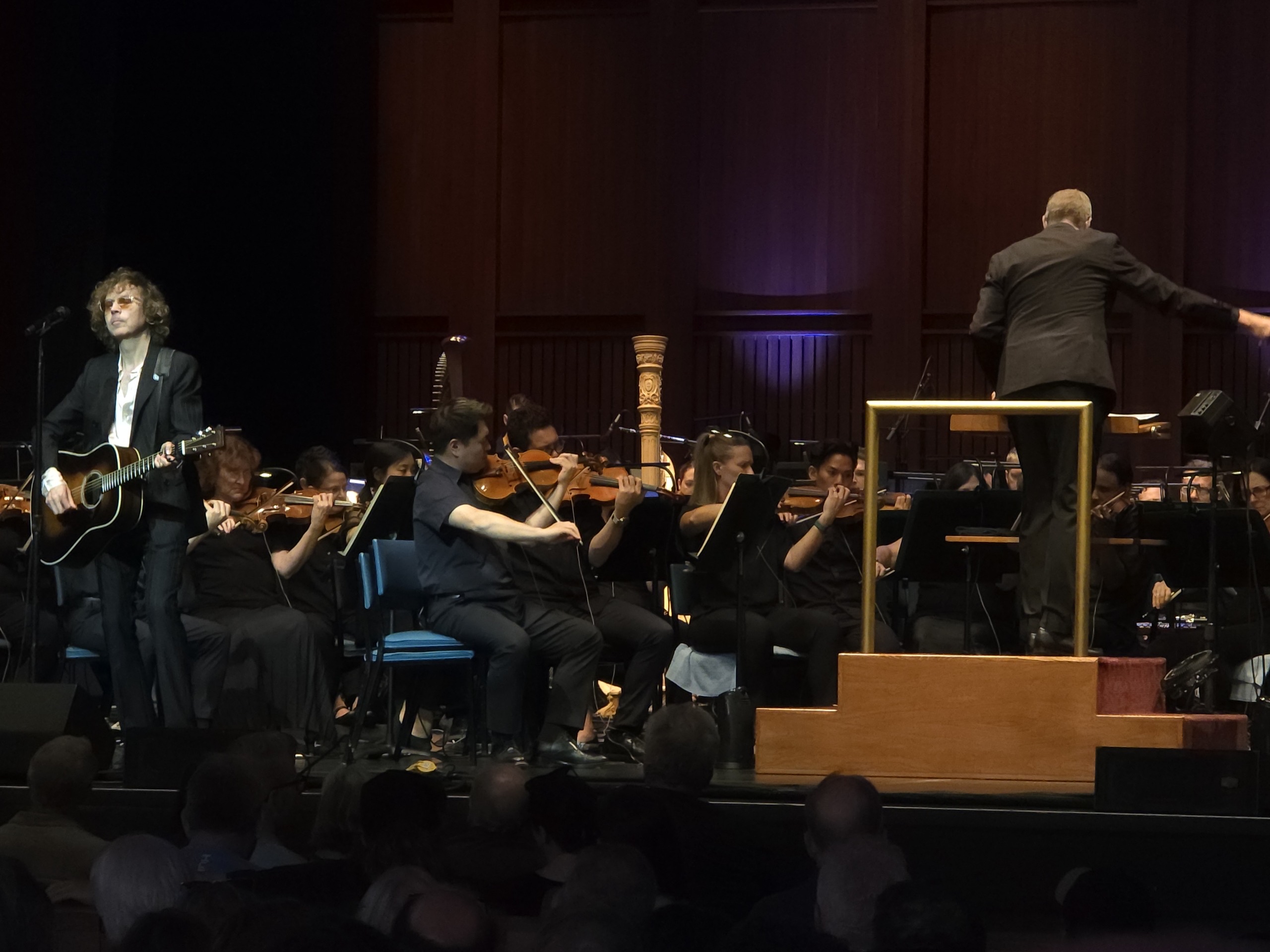Orchestra performing live with conductor on stage.