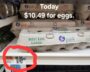 Eggs priced at $10.49 per dozen in a grocery store.