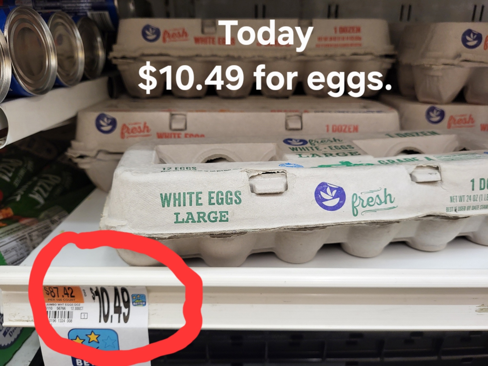 Eggs priced at $10.49 per dozen in a grocery store.